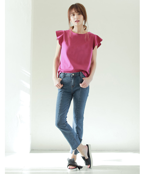 Re:EDIT（リエディ）の「ショルダーフリルリラックスポンチトップス（Tシャツ/カットソー・レディース・ブラック/アイボリー/カーキ/ホワイト×ブラック/ネイビー/ストライプ/ピンク/ホワイト系その他/杢グレー/ベビーピンク/ライトブルー・LARGE/X-LARGE/MEDIUM）」の22枚目の写真