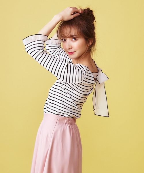 MIIA(ミーア)の「ラッピングトップス(Tシャツ/カットソー・レディース・ブラック/オフホワイト/ピンク/ホワイト×ブラック・FREE)」の10枚目の写真