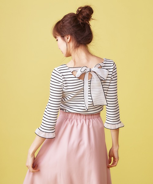 MIIA(ミーア)の「ラッピングトップス(Tシャツ/カットソー・レディース・ブラック/オフホワイト/ピンク/ホワイト×ブラック・FREE)」の11枚目の写真