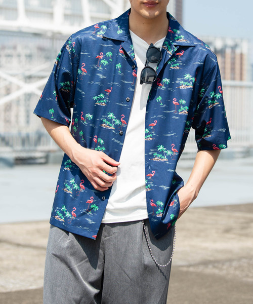 YARD PLUS（ヤードプリュス）の「YARD PLUS フラミンゴアロハシャツ（シャツ/ブラウス・メンズ・ベージュ/ネイビー・MEDIUM/LARGE）」の2枚目の写真