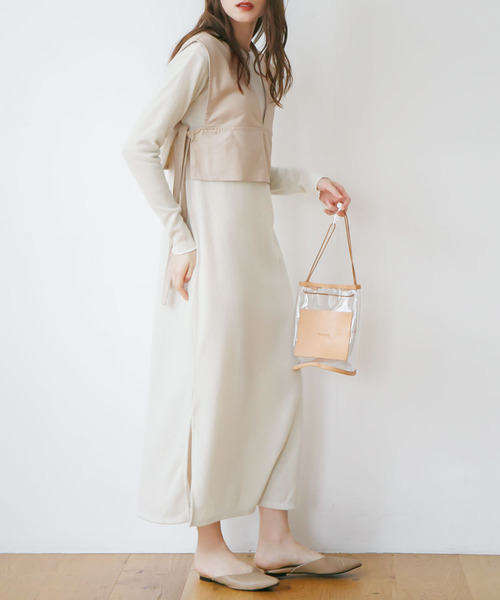 rectangle（レクタングル）の「起毛ニット×ベスト　レイヤードワンピース（ワンピース・レディース・ベージュ/ブラウン/アイボリー・FREE）」の2枚目の写真