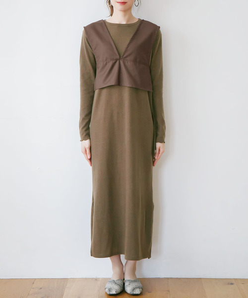 rectangle（レクタングル）の「起毛ニット×ベスト　レイヤードワンピース（ワンピース・レディース・ベージュ/ブラウン/アイボリー・FREE）」の9枚目の写真