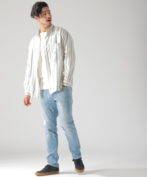 BAYFLOW（ベイフロー）の「TRワイドストライプシャツ（シャツ/ブラウス・メンズ・ベージュ/ネイビー/オフホワイト・SMALL/MEDIUM/LARGE）」の4枚目の写真