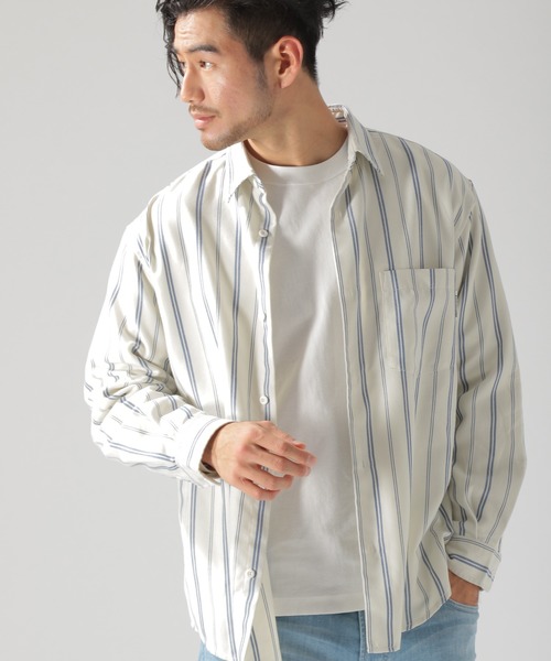 BAYFLOW（ベイフロー）の「TRワイドストライプシャツ（シャツ/ブラウス・メンズ・ベージュ/ネイビー/オフホワイト・SMALL/MEDIUM/LARGE）」の5枚目の写真