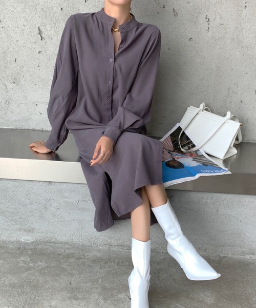 Girly Doll(ガーリードール)の「バルーンスリーブロング丈シャツワンピース(Tシャツ/カットソー・レディース・ブラック/チャコールグレー/カーキ/ベージュ/ブルー・M/L)」の10枚目の写真