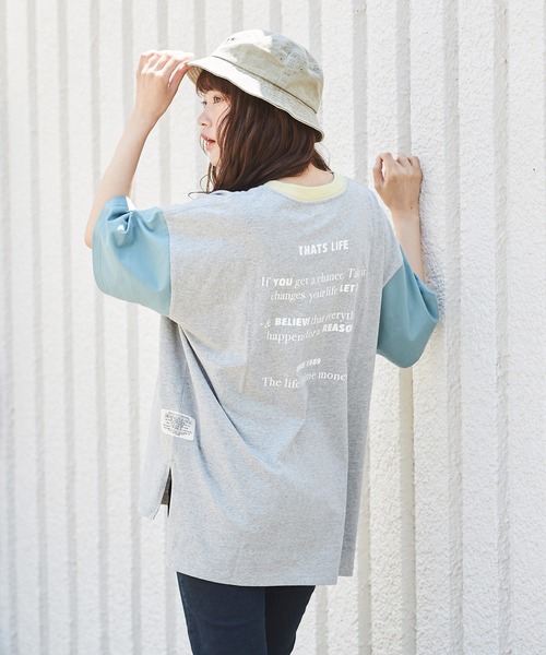 CUBE SUGAR（キューブシュガー）の「天竺 汗ジミ防止加工 ロゴプリント ビッグＴシャツ（Tシャツ/カットソー・レディース・トップグレー/イエロー/サックスブルー/ピンク/マルチ・M）」の5枚目の写真