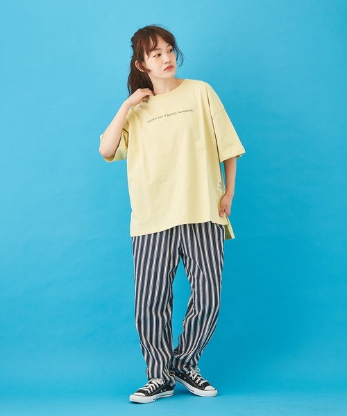 CUBE SUGAR（キューブシュガー）の「天竺 汗ジミ防止加工 ロゴプリント ビッグＴシャツ（Tシャツ/カットソー・レディース・トップグレー/イエロー/サックスブルー/ピンク/マルチ・M）」の9枚目の写真