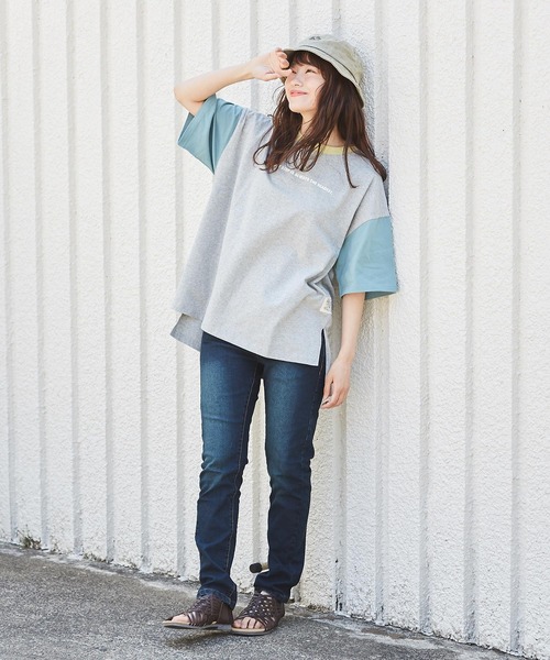 CUBE SUGAR（キューブシュガー）の「天竺 汗ジミ防止加工 ロゴプリント ビッグＴシャツ（Tシャツ/カットソー・レディース・トップグレー/イエロー/サックスブルー/ピンク/マルチ・M）」の18枚目の写真