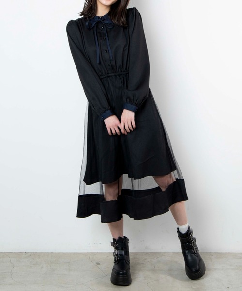 WEGO（ウィゴー）の「WEGO/エリ配色チュールラインワンピース（ワンピース・レディース・ブラック/ライトパープル・FREE）」の5枚目の写真