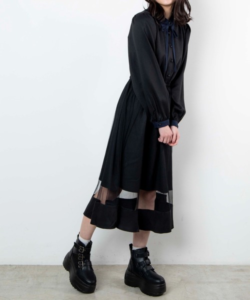 WEGO（ウィゴー）の「WEGO/エリ配色チュールラインワンピース（ワンピース・レディース・ブラック/ライトパープル・FREE）」の6枚目の写真