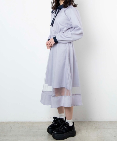 WEGO（ウィゴー）の「WEGO/エリ配色チュールラインワンピース（ワンピース・レディース・ブラック/ライトパープル・FREE）」の8枚目の写真