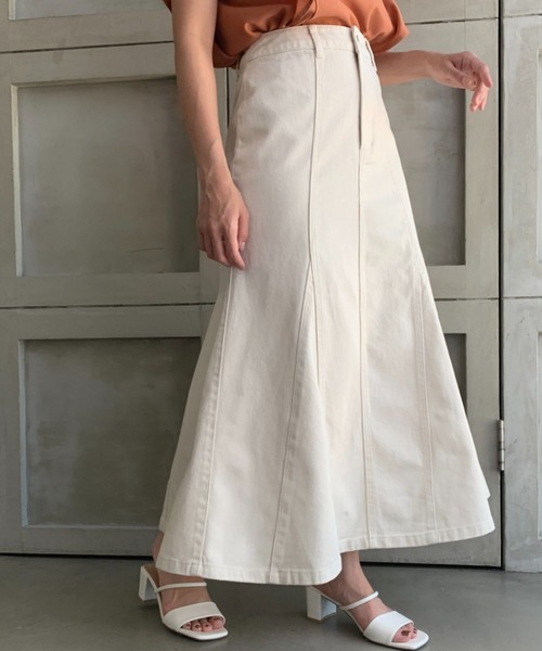 moment+（モーメントプラス）の「カラーヘビーツイル＆デニムマーメイドスカート（デニムスカート・レディース・ブラック/ブラウン/オフホワイト/カーキ/サックスブルー/インディゴブルー/アイボリー/グレイッシュベージュ・M/L）」の22枚目の写真