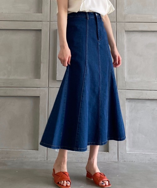 moment+（モーメントプラス）の「カラーヘビーツイル＆デニムマーメイドスカート（デニムスカート・レディース・ブラック/ブラウン/オフホワイト/カーキ/サックスブルー/インディゴブルー/アイボリー/グレイッシュベージュ・M/L）」の10枚目の写真