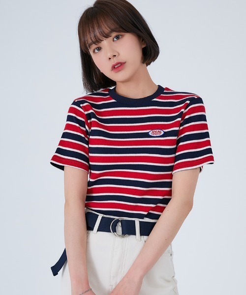 ACOVER(オコボ)の「『ACOVER/オコボ』STRIPE WAPPEN GOLGI T-SHIRTS/ボーダー ワッペン 半袖Tシャツ(Tシャツ/カットソー・レディース・グレー/レッド・FREE)」の8枚目の写真
