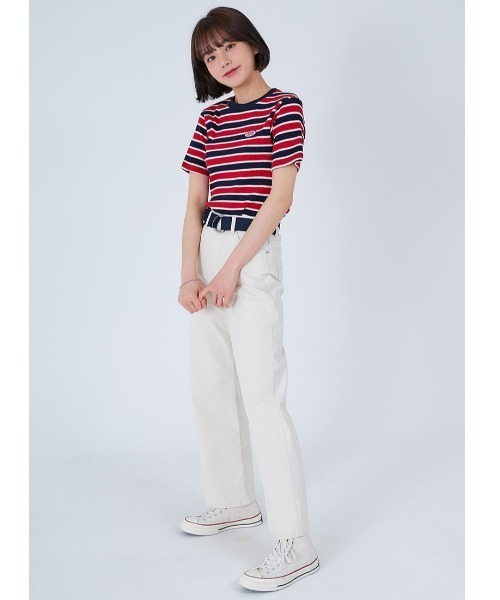 ACOVER(オコボ)の「『ACOVER/オコボ』STRIPE WAPPEN GOLGI T-SHIRTS/ボーダー ワッペン 半袖Tシャツ(Tシャツ/カットソー・レディース・グレー/レッド・FREE)」の5枚目の写真