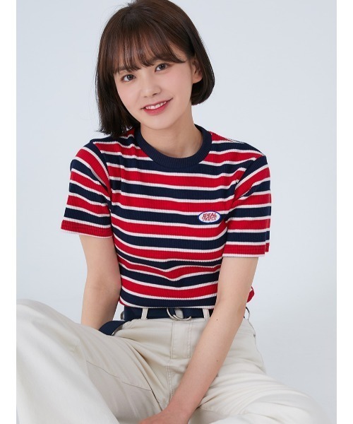 ACOVER(オコボ)の「『ACOVER/オコボ』STRIPE WAPPEN GOLGI T-SHIRTS/ボーダー ワッペン 半袖Tシャツ(Tシャツ/カットソー・レディース・グレー/レッド・FREE)」の11枚目の写真