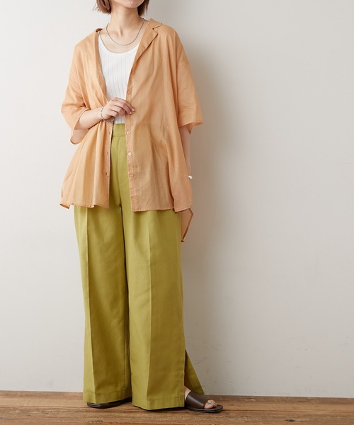 CIAOPANIC TYPY(チャオパニックティピー)の「綿シアー開襟スリットカラーシャツ(シャツ/ブラウス・レディース・サンドベージュ/グリーン系その他/ブラウン/チャコールグレー・ONE SIZE)」の9枚目の写真