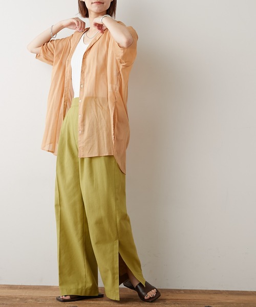 CIAOPANIC TYPY(チャオパニックティピー)の「綿シアー開襟スリットカラーシャツ(シャツ/ブラウス・レディース・サンドベージュ/グリーン系その他/ブラウン/チャコールグレー・ONE SIZE)」の10枚目の写真