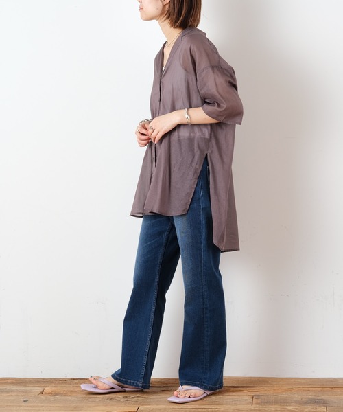 CIAOPANIC TYPY(チャオパニックティピー)の「綿シアー開襟スリットカラーシャツ(シャツ/ブラウス・レディース・サンドベージュ/グリーン系その他/ブラウン/チャコールグレー・ONE SIZE)」の22枚目の写真