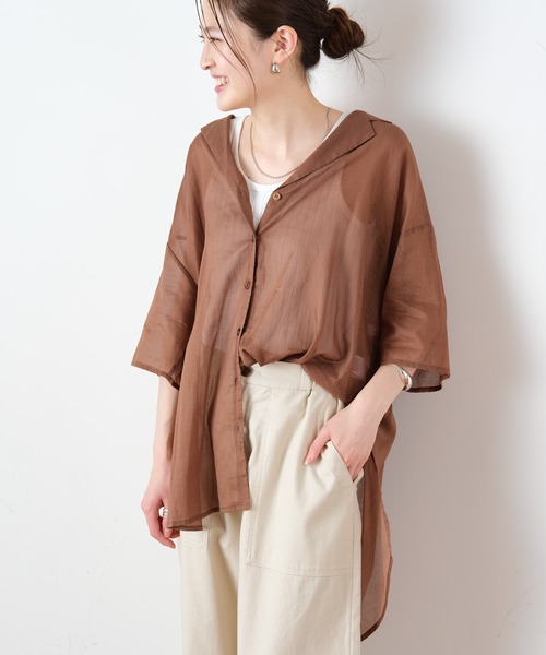 CIAOPANIC TYPY(チャオパニックティピー)の「綿シアー開襟スリットカラーシャツ(シャツ/ブラウス・レディース・サンドベージュ/グリーン系その他/ブラウン/チャコールグレー・ONE SIZE)」の15枚目の写真