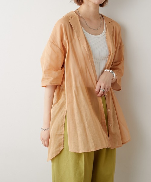 CIAOPANIC TYPY(チャオパニックティピー)の「綿シアー開襟スリットカラーシャツ(シャツ/ブラウス・レディース・サンドベージュ/グリーン系その他/ブラウン/チャコールグレー・ONE SIZE)」の5枚目の写真