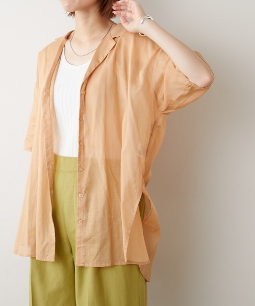 CIAOPANIC TYPY(チャオパニックティピー)の「綿シアー開襟スリットカラーシャツ(シャツ/ブラウス・レディース・サンドベージュ/グリーン系その他/ブラウン/チャコールグレー・ONE SIZE)」の6枚目の写真