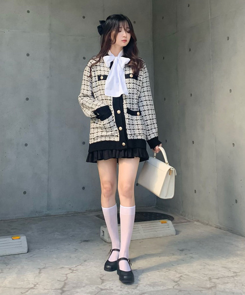 titty＆Co. PETIT by poyo（ティティーアンドコープティバイポヨ）の「【ファッションインフルエンサーPOYO×titty&Co.PETIT 】ツイードチェックゆるカーディガン（カーディガン/ボレロ・レディース・ホワイト/ブラック・FREE）」の10枚目の写真