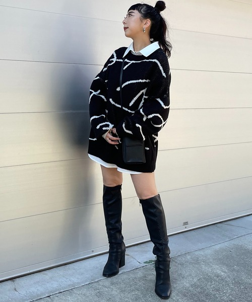 SPIRALGIRL(スパイラルガール)の「ラインアートジャガードニット(ニット/セーター・レディース・オフホワイト/ベージュ/ブラック・FREE)」の16枚目の写真