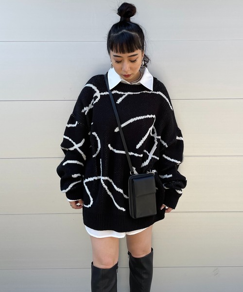 SPIRALGIRL(スパイラルガール)の「ラインアートジャガードニット(ニット/セーター・レディース・オフホワイト/ベージュ/ブラック・FREE)」の15枚目の写真