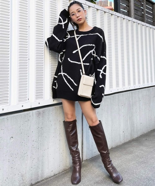 SPIRALGIRL(スパイラルガール)の「ラインアートジャガードニット(ニット/セーター・レディース・オフホワイト/ベージュ/ブラック・FREE)」の14枚目の写真