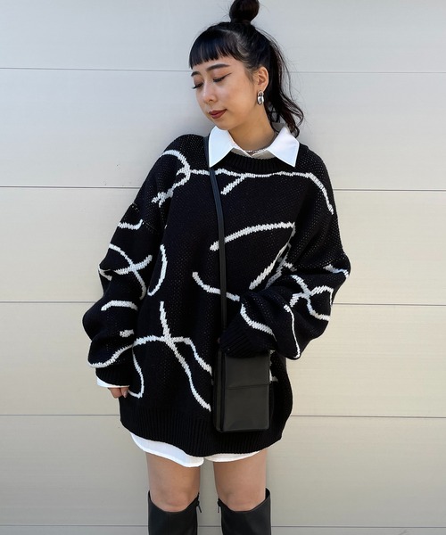 SPIRALGIRL(スパイラルガール)の「ラインアートジャガードニット(ニット/セーター・レディース・オフホワイト/ベージュ/ブラック・FREE)」の12枚目の写真