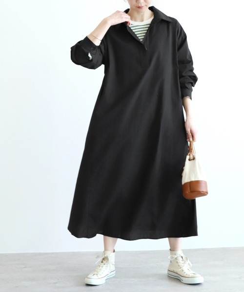 reca（レカ）の「ウェスト紐付きボリュームシャツワンピース（シャツワンピース・レディース・ブラック/オフホワイト・FREE）」の6枚目の写真