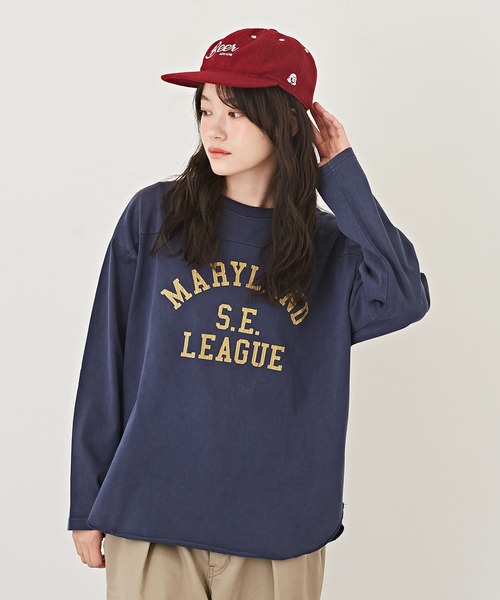 CUBE SUGAR（キューブシュガー）の「カットソーピグメント切替カレッジロゴプリントロンT（Tシャツ/カットソー・レディース・チャコールグレー/マスタード/ネイビー/ピンク・M）」の3枚目の写真