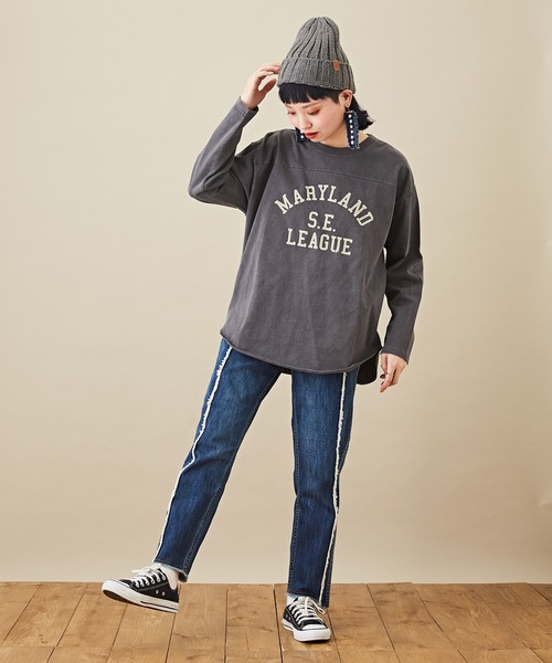 CUBE SUGAR（キューブシュガー）の「カットソーピグメント切替カレッジロゴプリントロンT（Tシャツ/カットソー・レディース・チャコールグレー/マスタード/ネイビー/ピンク・M）」の11枚目の写真