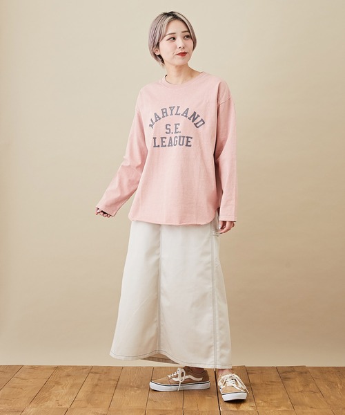 CUBE SUGAR（キューブシュガー）の「カットソーピグメント切替カレッジロゴプリントロンT（Tシャツ/カットソー・レディース・チャコールグレー/マスタード/ネイビー/ピンク・M）」の8枚目の写真