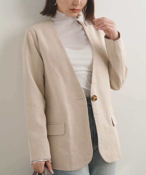 Futier land(フューティアランド)の「コットンリネンノーカラージャケット(ノーカラージャケット・レディース・グレー/アイボリー・MEDIUM)」の16枚目の写真