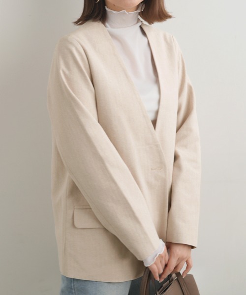 Futier land(フューティアランド)の「コットンリネンノーカラージャケット(ノーカラージャケット・レディース・グレー/アイボリー・MEDIUM)」の3枚目の写真