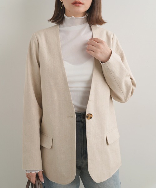 Futier land(フューティアランド)の「コットンリネンノーカラージャケット(ノーカラージャケット・レディース・グレー/アイボリー・MEDIUM)」の6枚目の写真