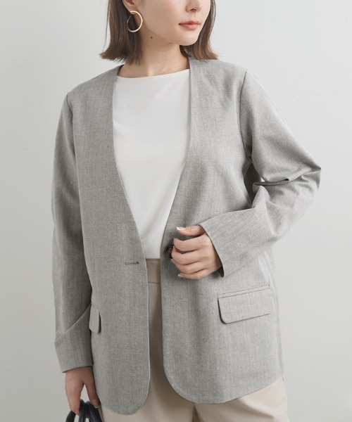 Futier land(フューティアランド)の「コットンリネンノーカラージャケット(ノーカラージャケット・レディース・グレー/アイボリー・MEDIUM)」の7枚目の写真