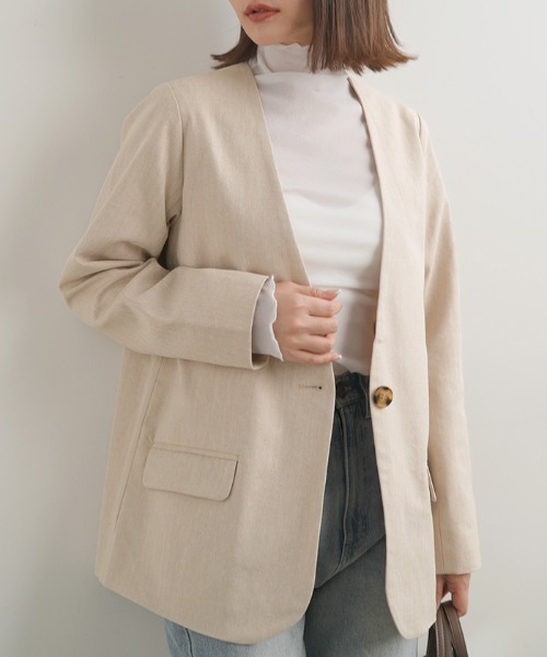 Futier land(フューティアランド)の「コットンリネンノーカラージャケット(ノーカラージャケット・レディース・グレー/アイボリー・MEDIUM)」の12枚目の写真