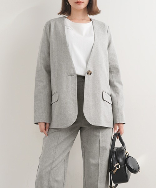 Futier land(フューティアランド)の「コットンリネンノーカラージャケット(ノーカラージャケット・レディース・グレー/アイボリー・MEDIUM)」の14枚目の写真