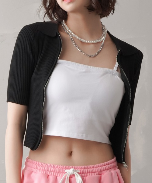 SPINNS（スピンズ）の「ジップアップショート丈カーディガン（カーディガン/ボレロ・レディース・ホワイト/ブラック/サックスブルー/ピンク/グリーン/ブルー・ONESIZE）」の3枚目の写真