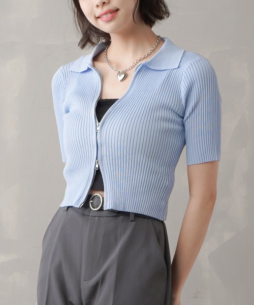 SPINNS（スピンズ）の「ジップアップショート丈カーディガン（カーディガン/ボレロ・レディース・ホワイト/ブラック/サックスブルー/ピンク/グリーン/ブルー・ONESIZE）」の22枚目の写真