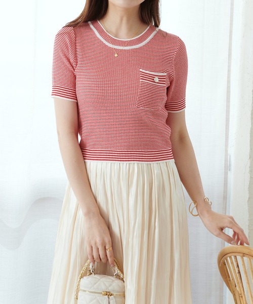 Lamoa（ラモア）の「Lamoa/レトロ ツイード 半袖トップス（Tシャツ/カットソー・レディース・レッド/ブルー/グリーン・FREE）」の3枚目の写真