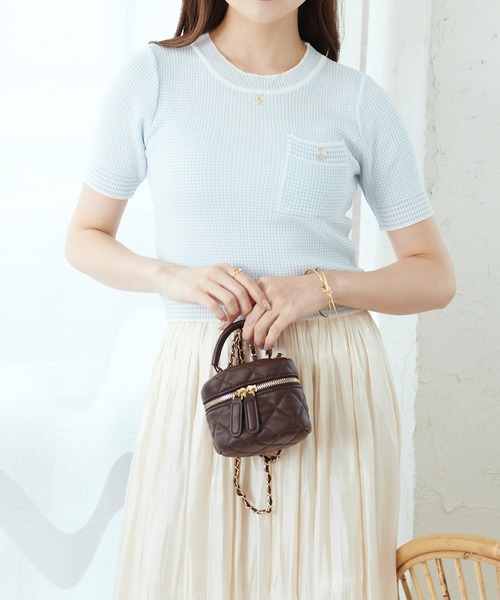 Lamoa（ラモア）の「Lamoa/レトロ ツイード 半袖トップス（Tシャツ/カットソー・レディース・レッド/ブルー/グリーン・FREE）」の2枚目の写真