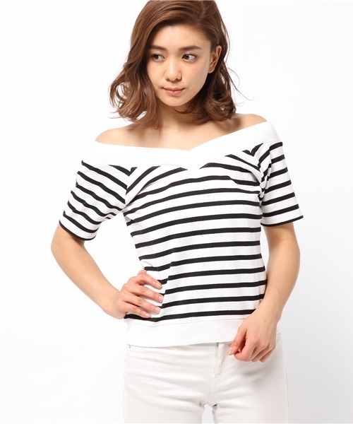 WEGO(ウィゴー)の「WEGO/VネックオフショルダーTシャツ(Tシャツ/カットソー・レディース・ホワイト/ブルー/トリコロール・FREE)」の4枚目の写真