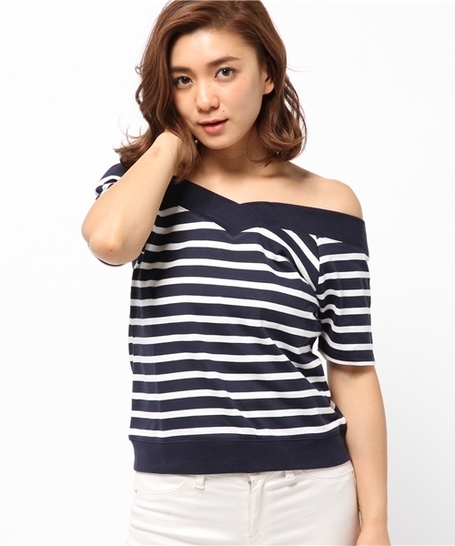 WEGO(ウィゴー)の「WEGO/VネックオフショルダーTシャツ(Tシャツ/カットソー・レディース・ホワイト/ブルー/トリコロール・FREE)」の5枚目の写真