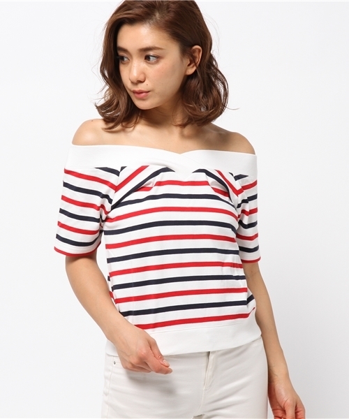 WEGO(ウィゴー)の「WEGO/VネックオフショルダーTシャツ(Tシャツ/カットソー・レディース・ホワイト/ブルー/トリコロール・FREE)」の6枚目の写真