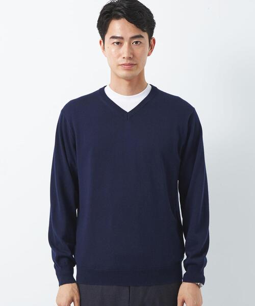 green label relaxing（グリーンレーベルリラクシング）の「120s 天竺 Vネック ニット（ニット/セーター・メンズ・ネイビー/ダークグレー/コバルトブルー・S/M/L/XL）」の6枚目の写真