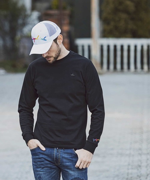 1PIU1UGUALE3  RELAX （ウノピゥウノウグァーレトレ リラックス）の「1PIU1UGUALE3 RELAX(ウノピゥウノウグァーレトレ リラックス)レインボーカラー ロゴ刺繍 クルーネック 長袖Tシャツ（Tシャツ/カットソー・メンズ・ホワイト/ブラック・S/M/L/XL/XXL）」の6枚目の写真